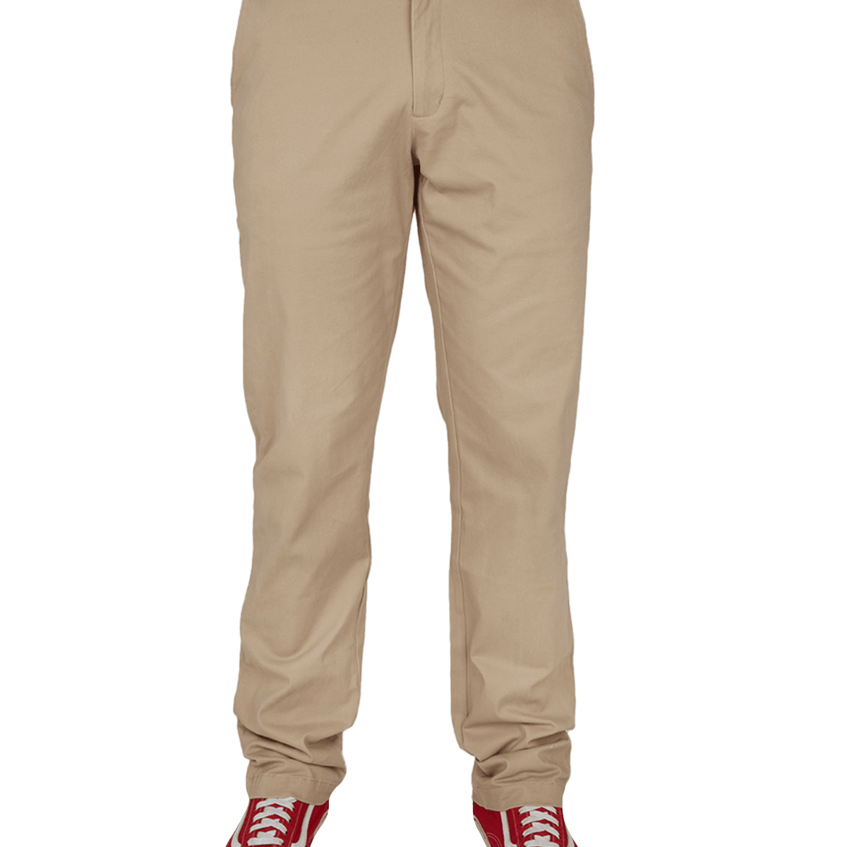 Dixxon Canada. Khaki Chino Pants. Model standing straight, showcasing the front design with a slim-fit seat, straight-leg cut, and tunnel belt loops.