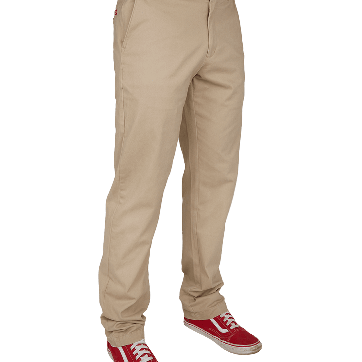 Dixxon Canada. Khaki Chino Pants. Side view of pants showcasing the slim fit, straight leg, and minimal branding on a wrinkle-resistant fabric.