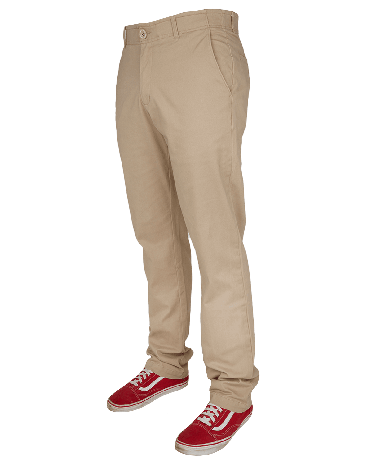 Dixxon Canada. Khaki Chino Pants. Side view highlighting the hidden stash pocket with zip closure and sleek profile on a stretch fabric.