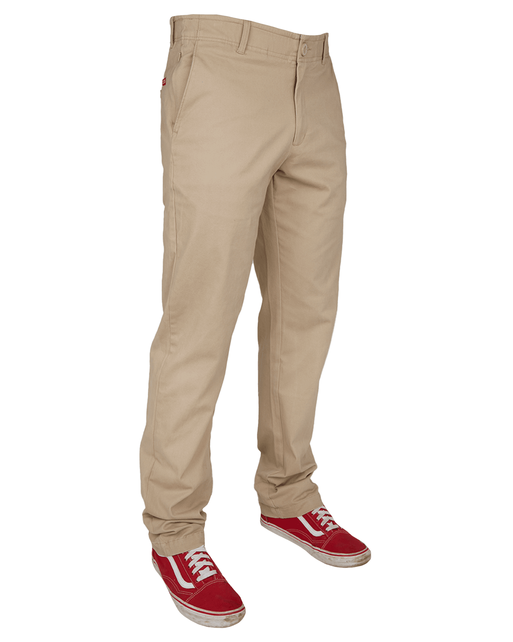 Dixxon Canada. Khaki Chino Pants. Side view of pants showcasing the slim fit, straight leg, and minimal branding on a wrinkle-resistant fabric.