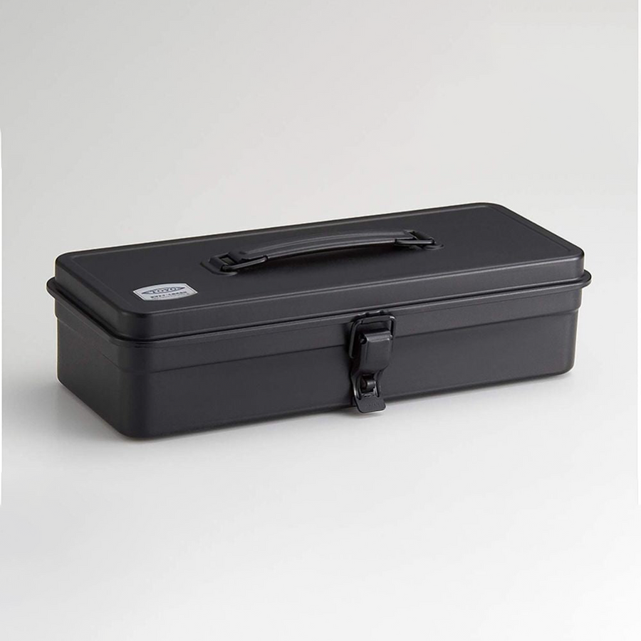 Toyo Steel T-320 Black. Matte black steel toolbox, pressed from a single plate with a round handle. Durable and functional with a cylinder lock. 1.0kg.