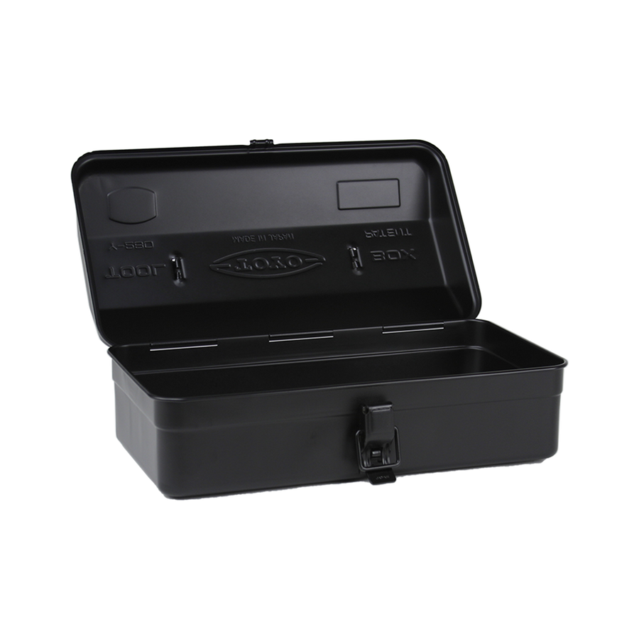 Toyo Steel Camber Top Black Y-280. Open Lid. Durable steel container with a sleek black finish, ideal for storing and organizing various items securely. 1.1 kg.